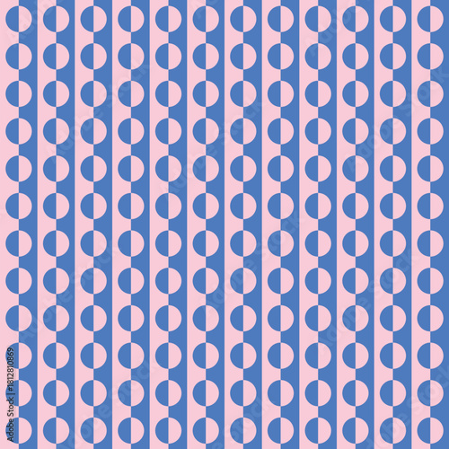 Pattern created from blue and pale pink half circles on pale pink and blue stripes