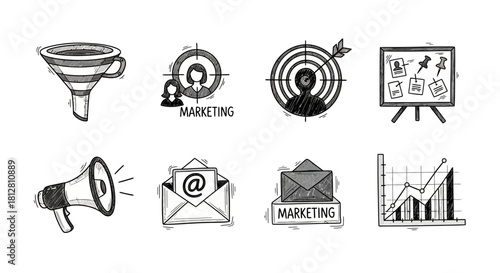 Hand drawn marketing icons: targeting, analysis, email, strategy, and graphs