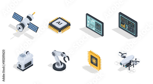 Isometric technology icons: robotics, ai, satellites, and drones for futuristic designs