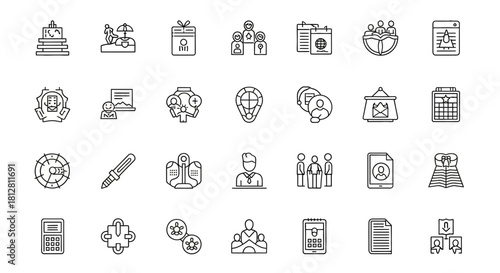 Linear icons set: business, education, health, and technology concepts