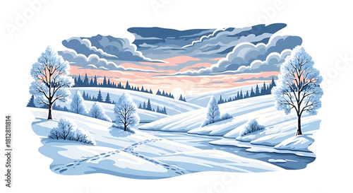 Serene winter landscape featuring snowy hills, trees, and a frozen river.