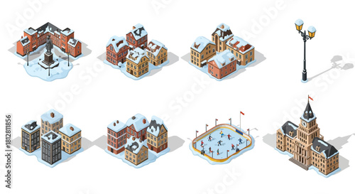 Charming winter town isometric set with snowy buildings and ice rink