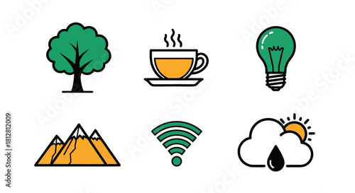 Minimalist icon set: nature, technology, and everyday symbols in flat design