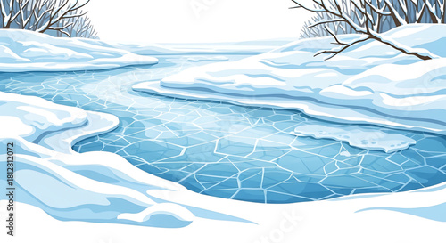 Frozen River Landscape with Snowy Banks and Bare Winter Trees
