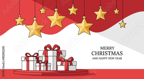 Festive Christmas Scene with Presents, Stars, and Seasonal Greetings in a Decorative Holiday Setting