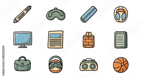 Assorted doodle icons: gadgets, sports, and office essentials in a cartoon style