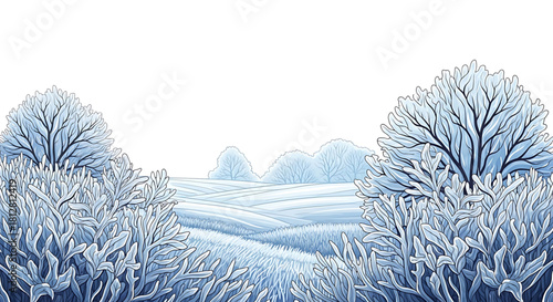 Serene winter landscape with frosty vegetation, offering a calm, peaceful scene.