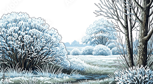 Beautiful winter landscape with snow-covered trees and brush on a bright day.