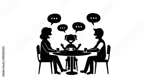Family conversation silhouette: parents and child at dinner table