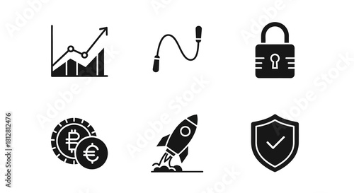 Minimalist icons: finance growth, rocket launch, cybersecurity, cryptocurrency
