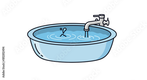 Cartoon style blue basin with water faucet and ripples on white background