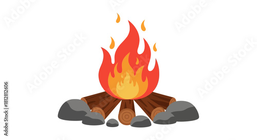Vibrant campfire with wood and rocks on white background