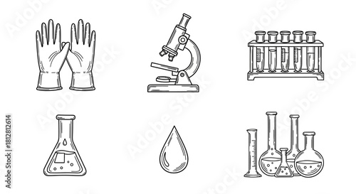 Hand-drawn laboratory equipment: gloves, microscope, test tubes, beakers, droplet