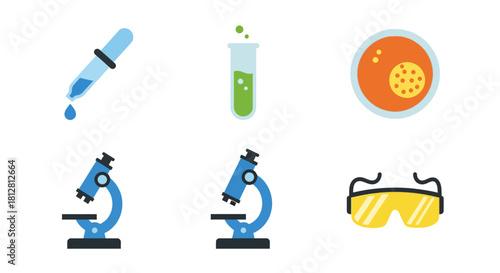 Colorful laboratory equipment icons for science and education design projects