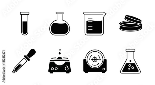 Laboratory equipment icons: minimalist black and white scientific tools set