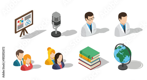 Isometric icons of communication, education, and science featuring diverse professions and learning tools