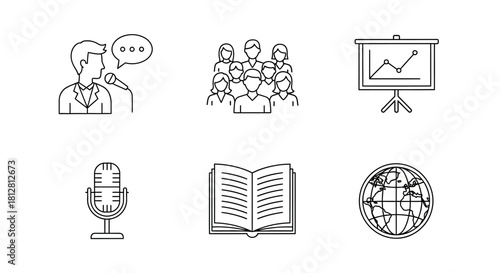 Business presentation icons: linear style with microphone, audience, book, and globe