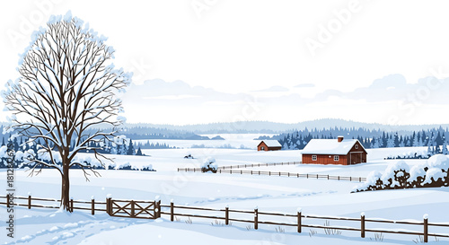 Serene winter landscape with snowy fields and farmhouses afar.