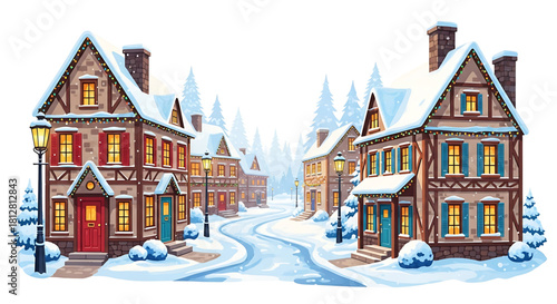 Whimsical winter village scene showcasing snow-covered houses and evergreen trees.