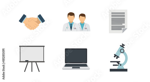 Business meeting and medical professionals with office tools in minimalist style