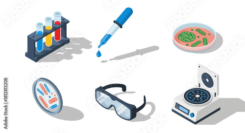 Isometric laboratory equipment set featuring test tubes and microscope slides