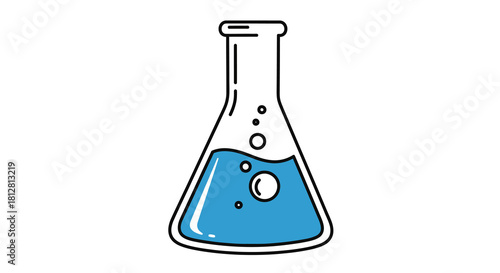 Outline design of a chemistry flask with blue liquid and bubbles for educational and scientific graphics