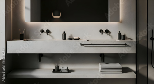 Modern bathroom features double sink vanity with matte black fixtures and minimalist decor creating a clean and sophisticated spalike atmosphere.