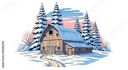 Winter barn scene with snow-covered trees and pastel sky backdrop.
