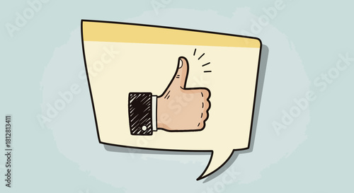 Thumbs up speech bubble in hand-drawn style on light blue background