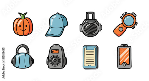 Colorful cartoon icons of objects including pumpkin, cap, headphones, and phone