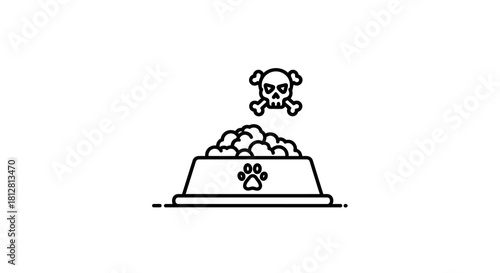 Minimalist black and white dog food bowl with skull warning symbol