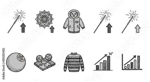Hand-drawn winter fashion, toys, and graphs: decorative set with cozy patterns