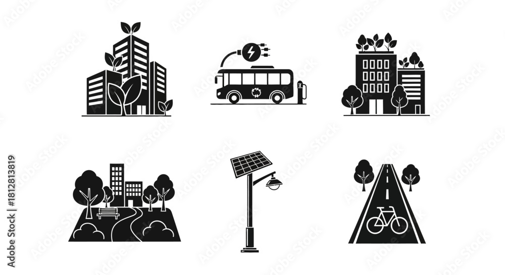 Naklejka premium Sustainable urban design icons featuring eco-friendly transport and architecture