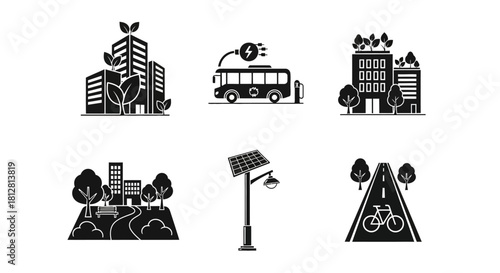 Sustainable urban design icons featuring eco-friendly transport and architecture
