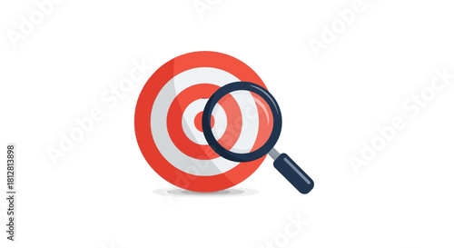 Magnifying glass focusing on red bullseye target for precision marketing