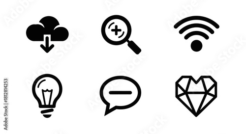 Minimalist icon set featuring cloud download, zoom, wi-fi, lightbulb, chat, and diamond
