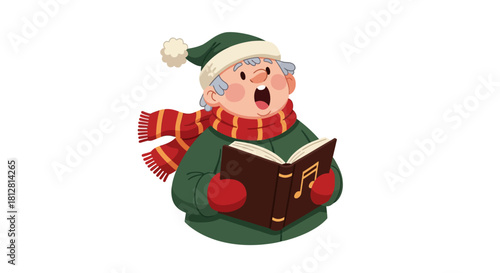 Festive carol singer in winter attire with music book and holiday spirit