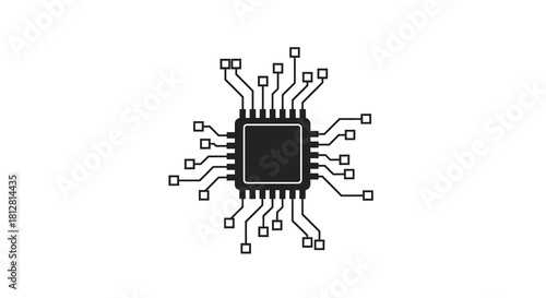 Abstract microchip icon with circuit lines on white background
