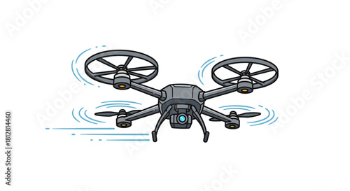Cartoon style drone flying with rotating propellers and motion lines