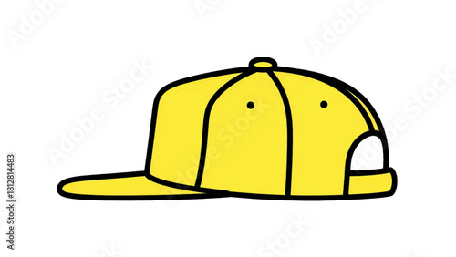 Vector illustration of simple cartoon drawing of a bright yellow flat brim baseball cap shown from the side, isolated on transparent background 