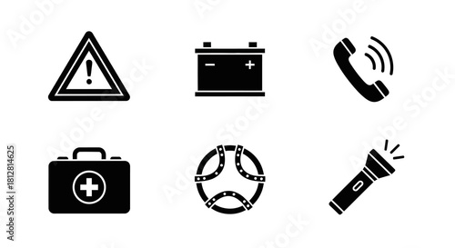 Essential icon set: warning, battery, phone, first aid, tire, flashlight