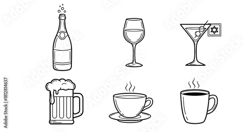 Linear icons of various drinks: wine, beer, coffee, tea, and cocktails
