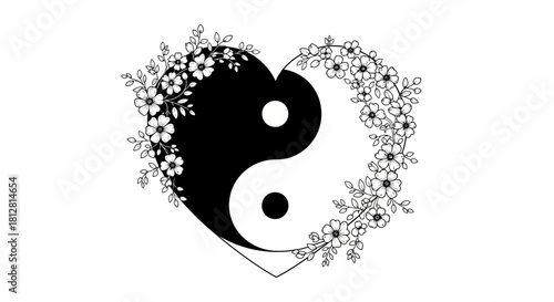 Yin yang heart with floral design symbolizing balance and love