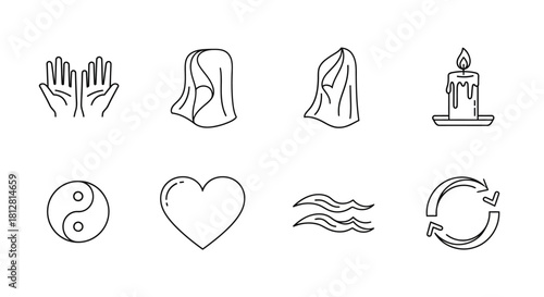 Simple line art icons set: yoga, relaxation, candle, nature, heart, peace, meditation