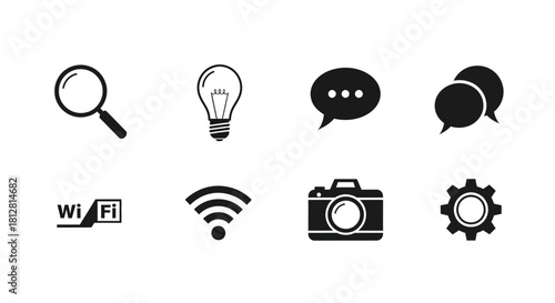Black icon set: magnifying glass, light bulb, chat, wi-fi, camera, gear