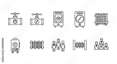 Linear icons of hvac systems and professionals for modern heating solutions