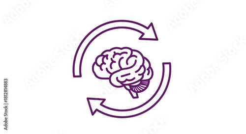 Purple brain with cycle arrows icon in linear design on white background