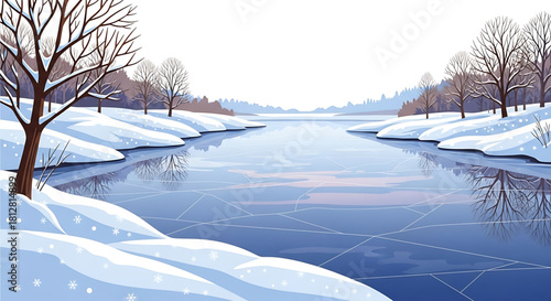Serene winter landscape with a partially frozen lake surrounded by snow.
