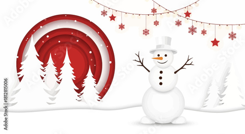 Festive Winter Wonderland A Charming Snowman and Christmas Trees in a Snowy Landscape with Ornaments