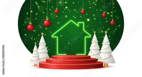 Festive Holiday Home Celebration A Christmas Season Icon with Ornaments, Trees, and Stage Decor